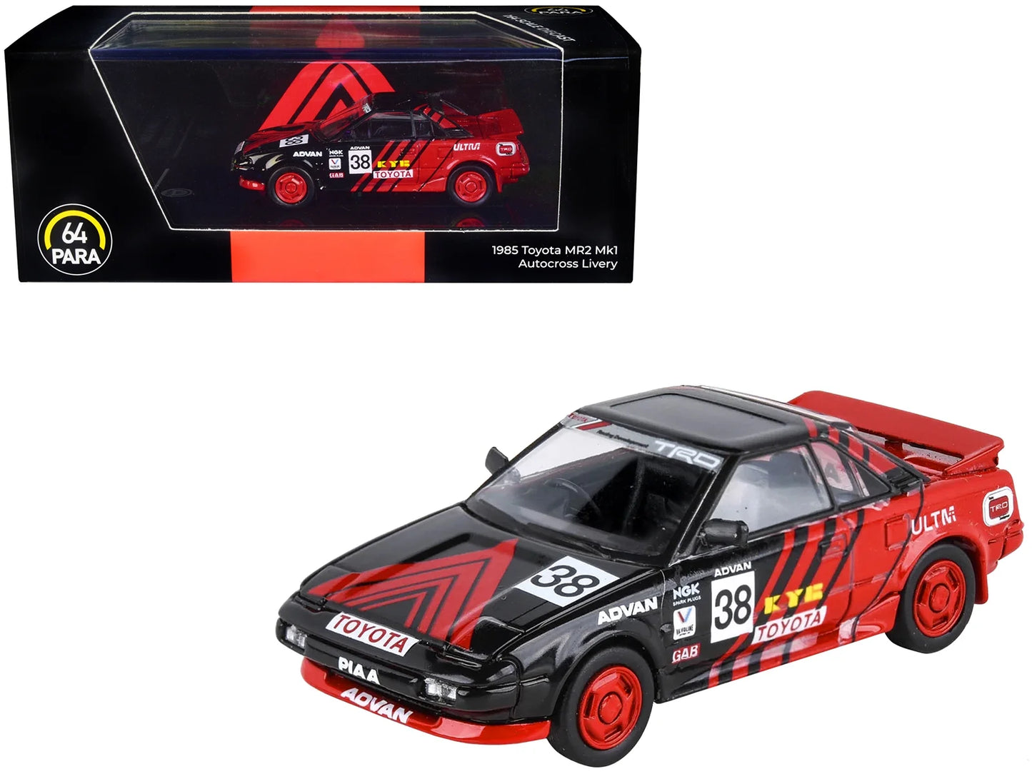 1985 toyota mr2 mk1 rhd (right hand drive) #38 red and black autocross livery 1/64 diecast model car by paragon models