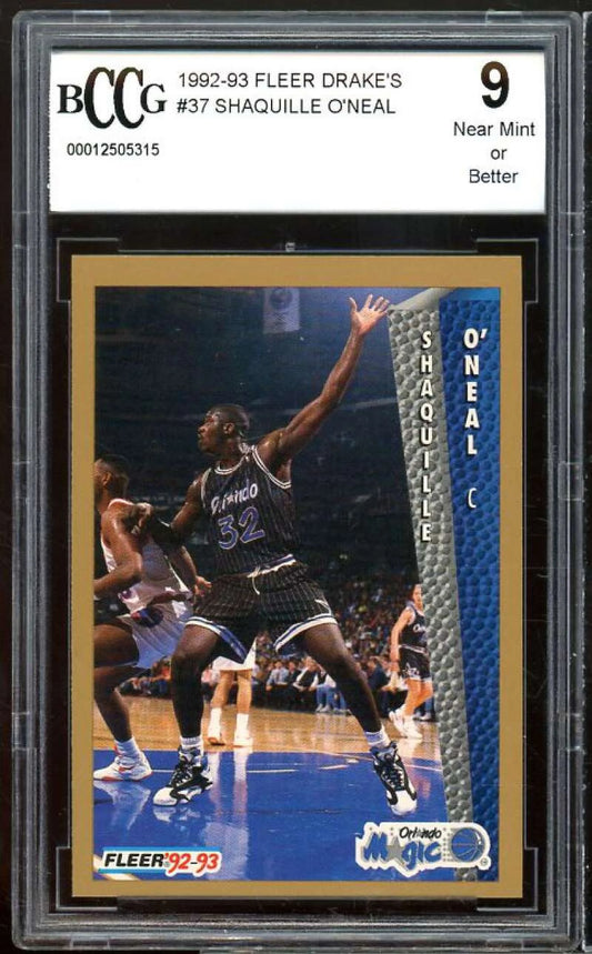 1992-93 fleer drake's #37 shaquille o'neal rookie card bgs bccg 9 mint+