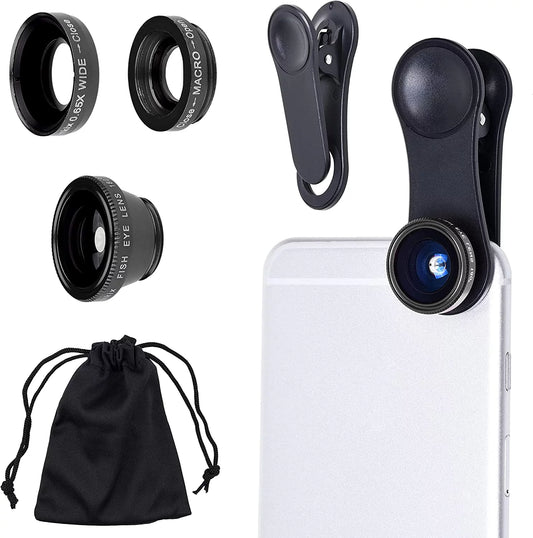 Universal 3 in 1 cell phone camera lens kit for smartphones including - fish eye lens / 2 in 1 macro lens & wide angle