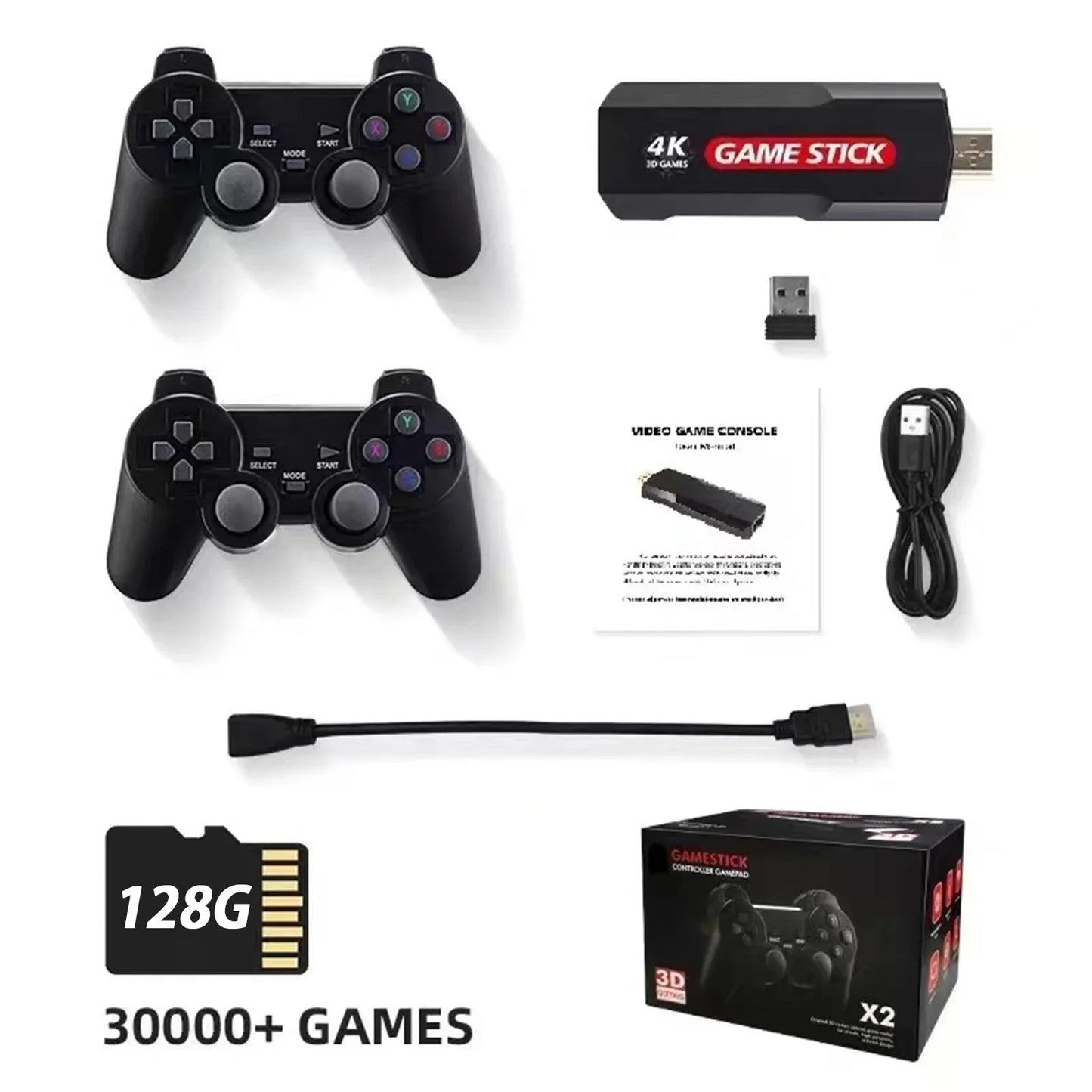 Upgrade wireless retro games console, x2 plus game stick retro console double wireless controller,30000+ games,128gb