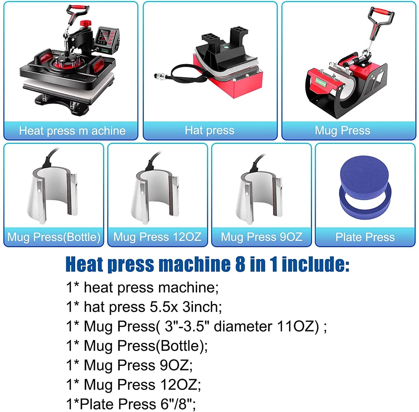 Qhomic power heat press machine 12 x 15 inch digital heat press sublimation printer press heat transfer machine for t-shirt, 8 in 1, gifts for men women