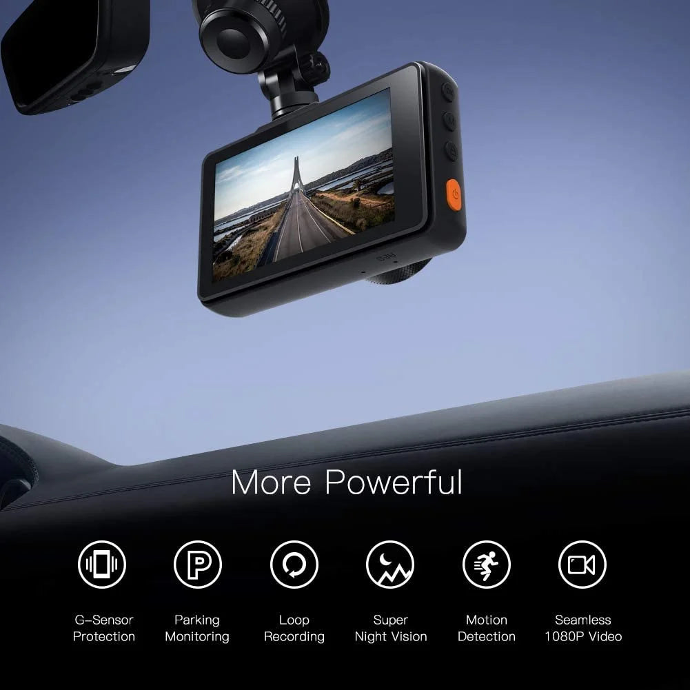 Dash cam 1080p full hd front and rear 3 inch car cam 170°wide angle screen, black