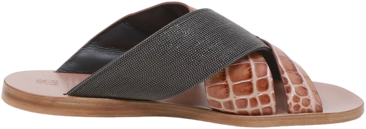 Brunello cucinelli women's lizard-effect metallic sliders black / snake leather sandal - 7 m