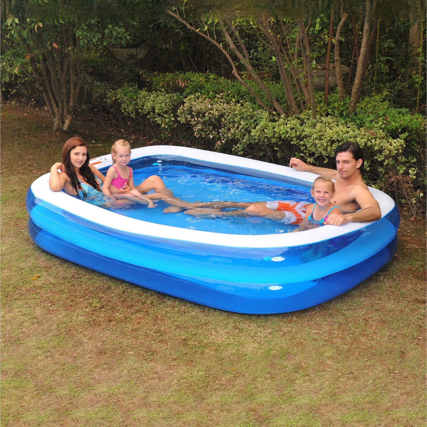 8.5' blue and white inflatable rectangular swimming pool