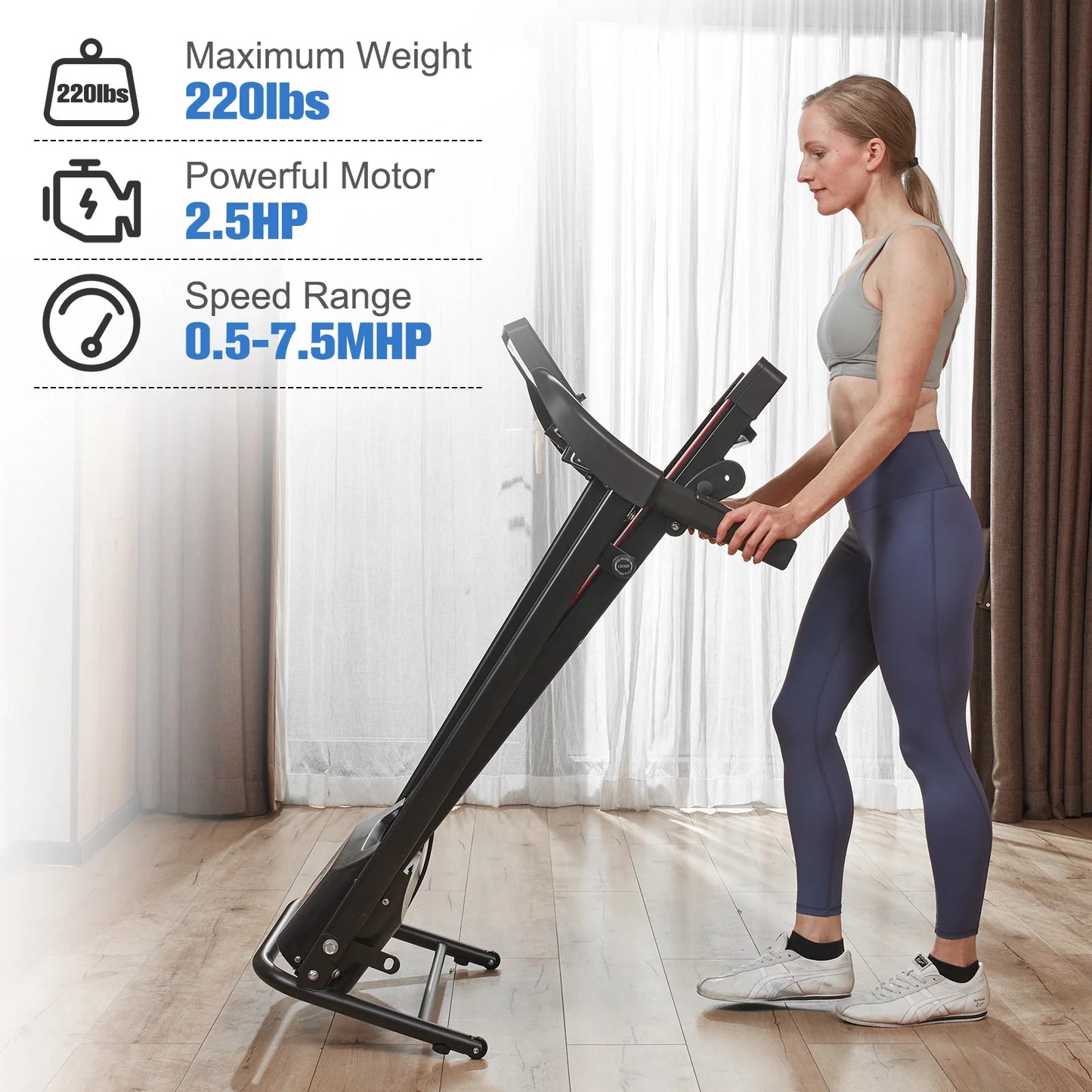 Relife sports foldable treadmill with incline 220lbs walking pad, 0.5-7.5mph, black