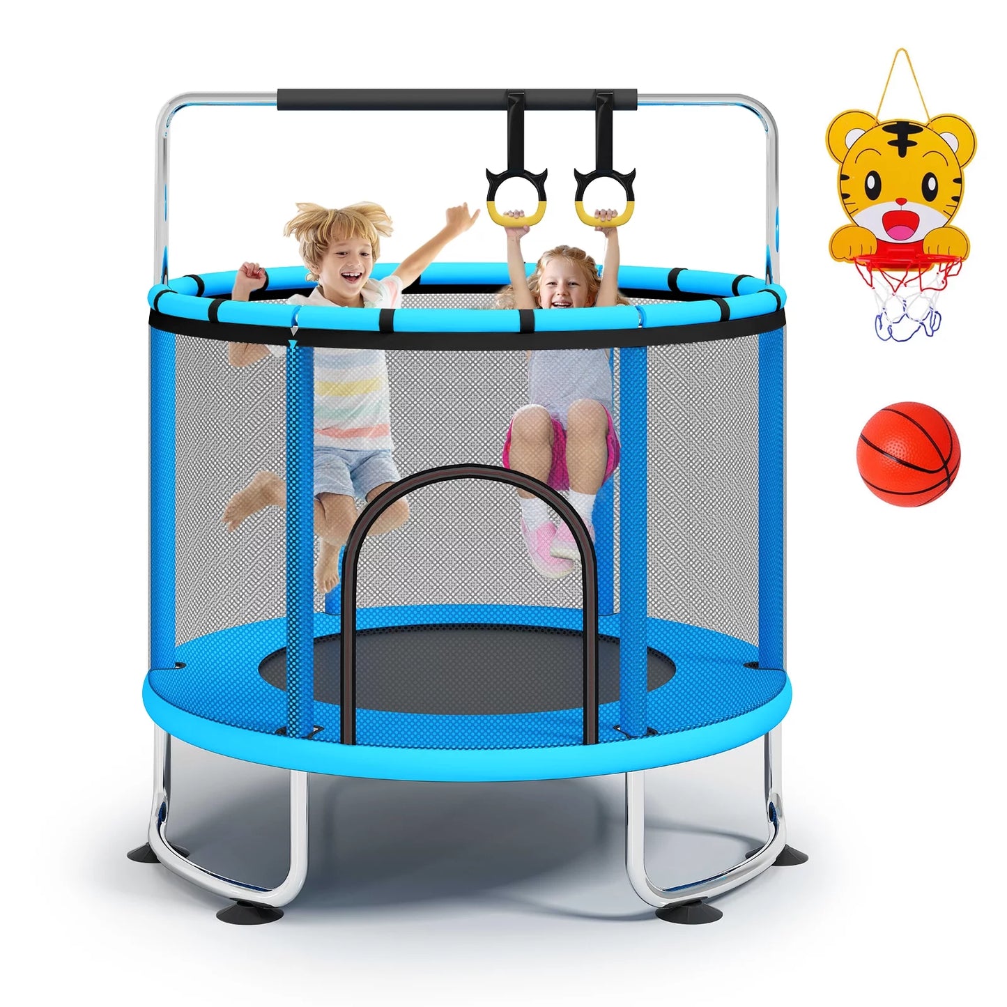 Fisca 55''mini trampoline for kids, toddler trampoline with basketball hoop, enclosure net and rings, indoor trampoline, 555lbs load