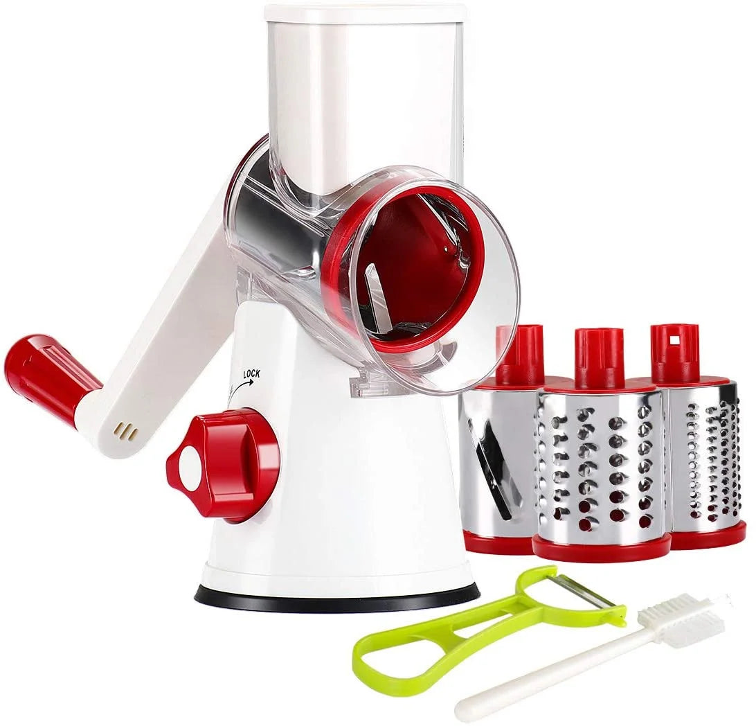 Ourokhome rotary cheese grater shredder- 3 drum bladea manual slicer nut grinder with vegetable peeler and cleaning brush (white red)