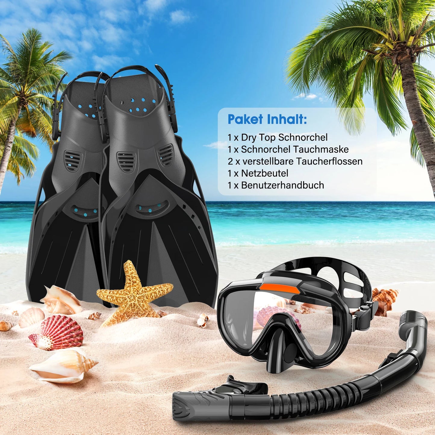 Snorkeling gear for adults men women,4 in 1 snorkel set with panoramic view diving mask anti-fog anti-leak,dry top snorkel,fins and travel bag for swimming,snorkeling and travel diving