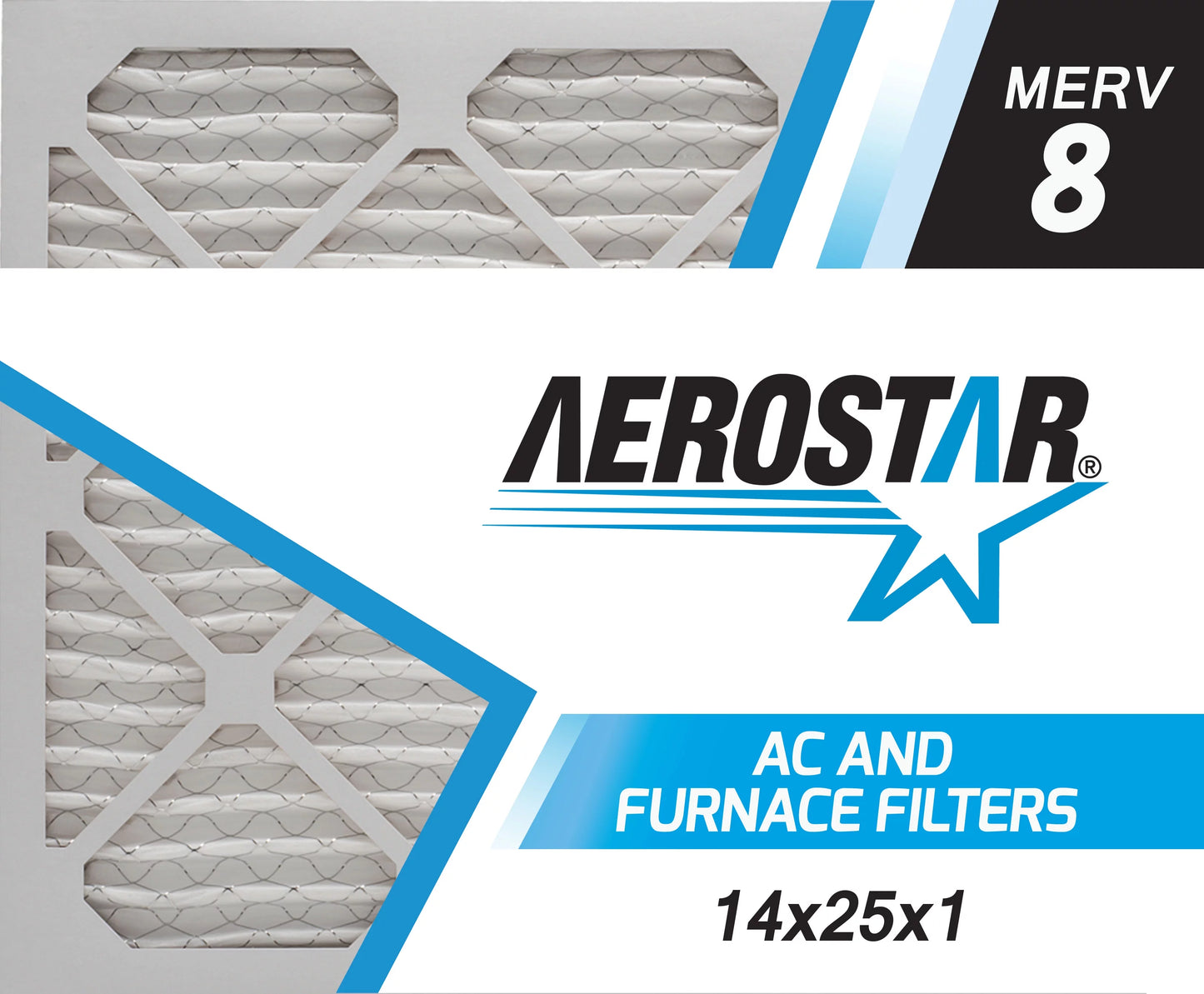 Aerostar 14x25x1 merv 8 pleated air filter, ac furnace air filter, 2 pack