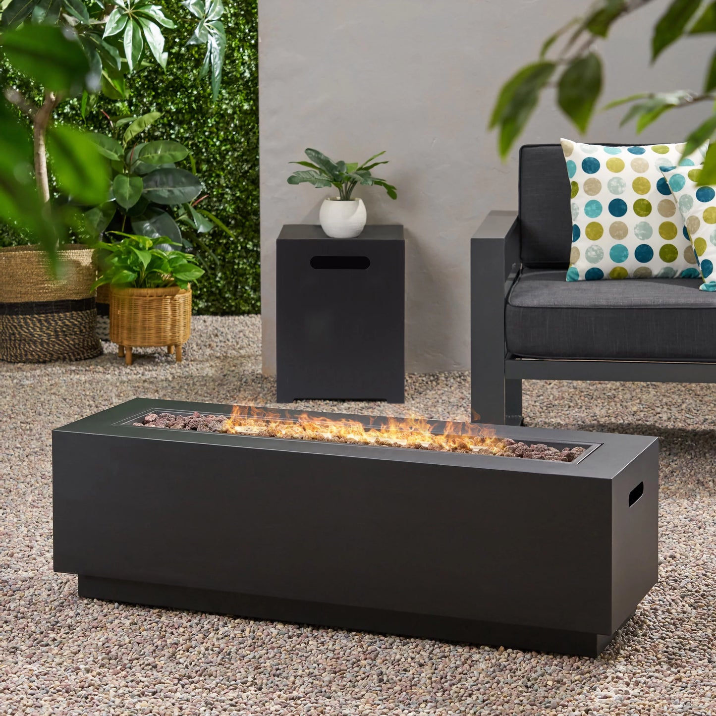 Reign outdoor rectangular iron gas fire pit , dark grey