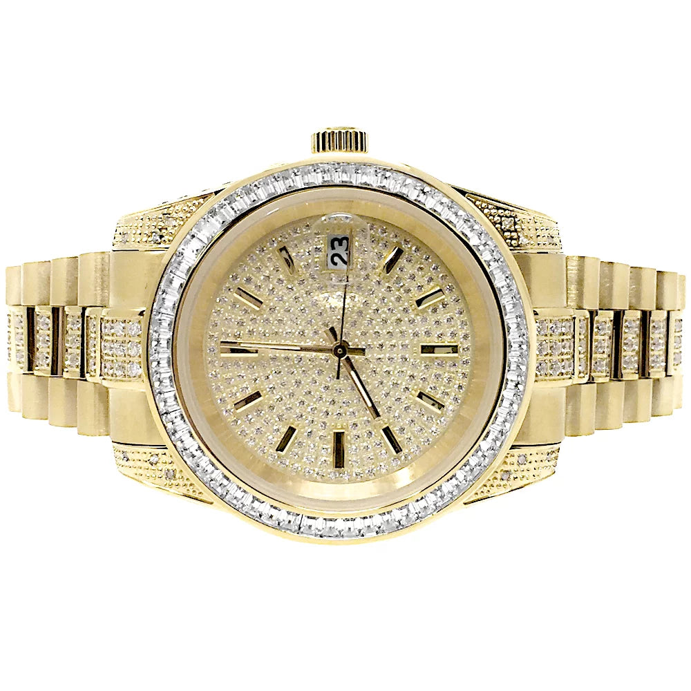 Unisex 18k yellow gold finish stainless steel simulated diamond presidential watch 41mm new tarnish free