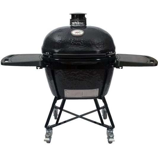 Primo all-in-one oval xl 400 ceramic kamado grill with cradle, side shelves, and stainless steel grates - pgcxlc (2021)