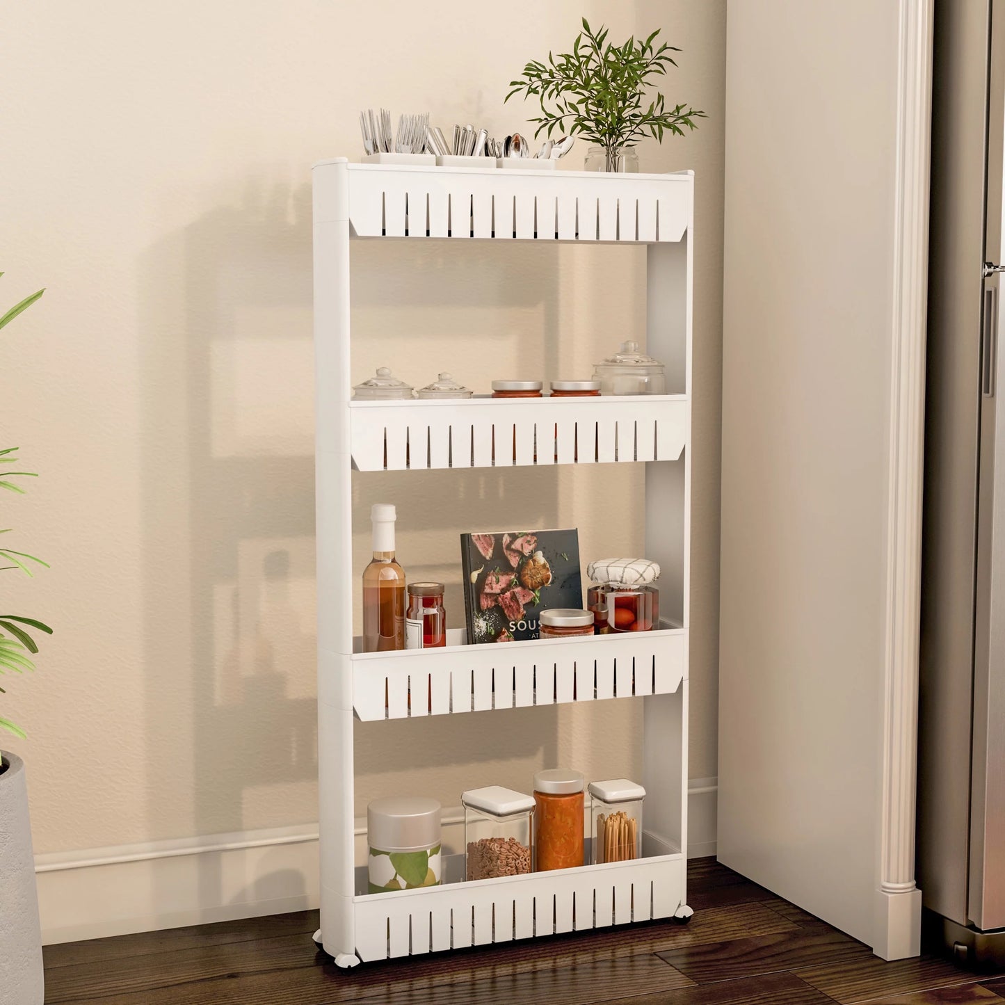 Everyday home mobile plastic shelving unit organizer, 4 storage baskets, slim slide out pantry