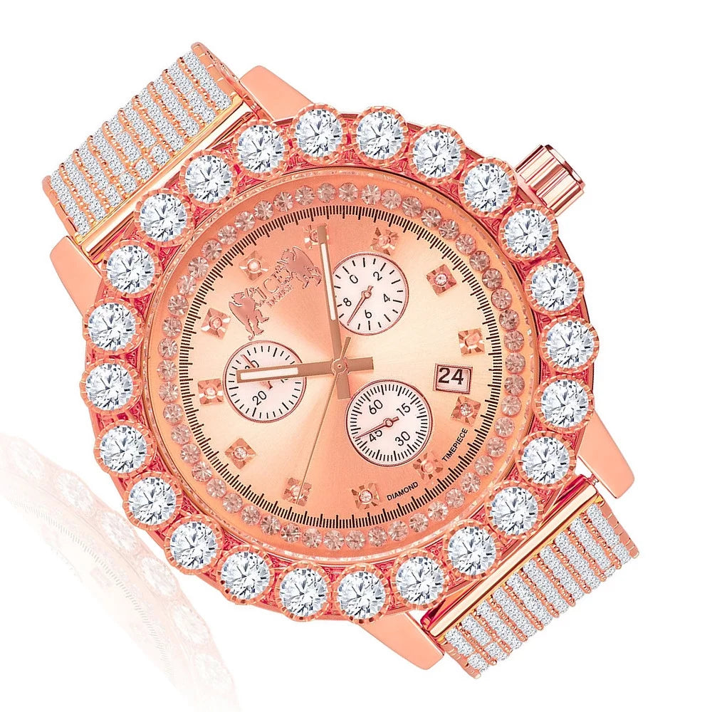 Exclusive custom time piece celebrity inspired lab diamonds rose gold tone iced out khronos jo rodeo watch w/date function