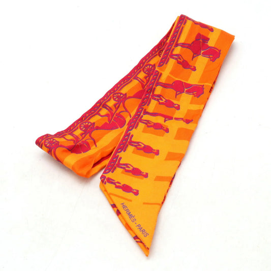 Pre-owned hermes twilly faubourg 24 ginza 5-4-1 scarf muffler hermes 10th anniversary 100% silk orange (good)