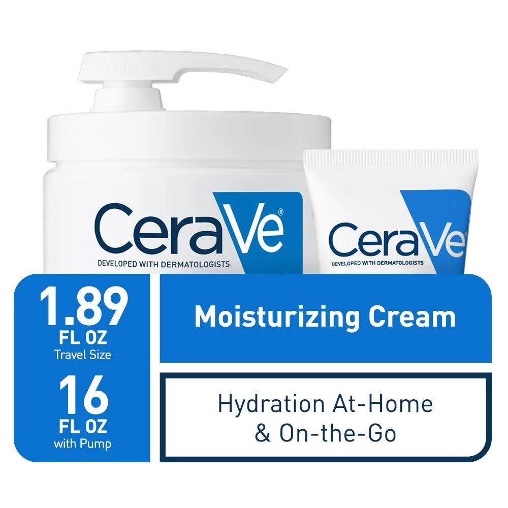 Cerave moisturizing cream combo pack | contains 16 ounce with pump and 1.89 ounce travel size | fragrance free 16 ounce+1.89 ounce