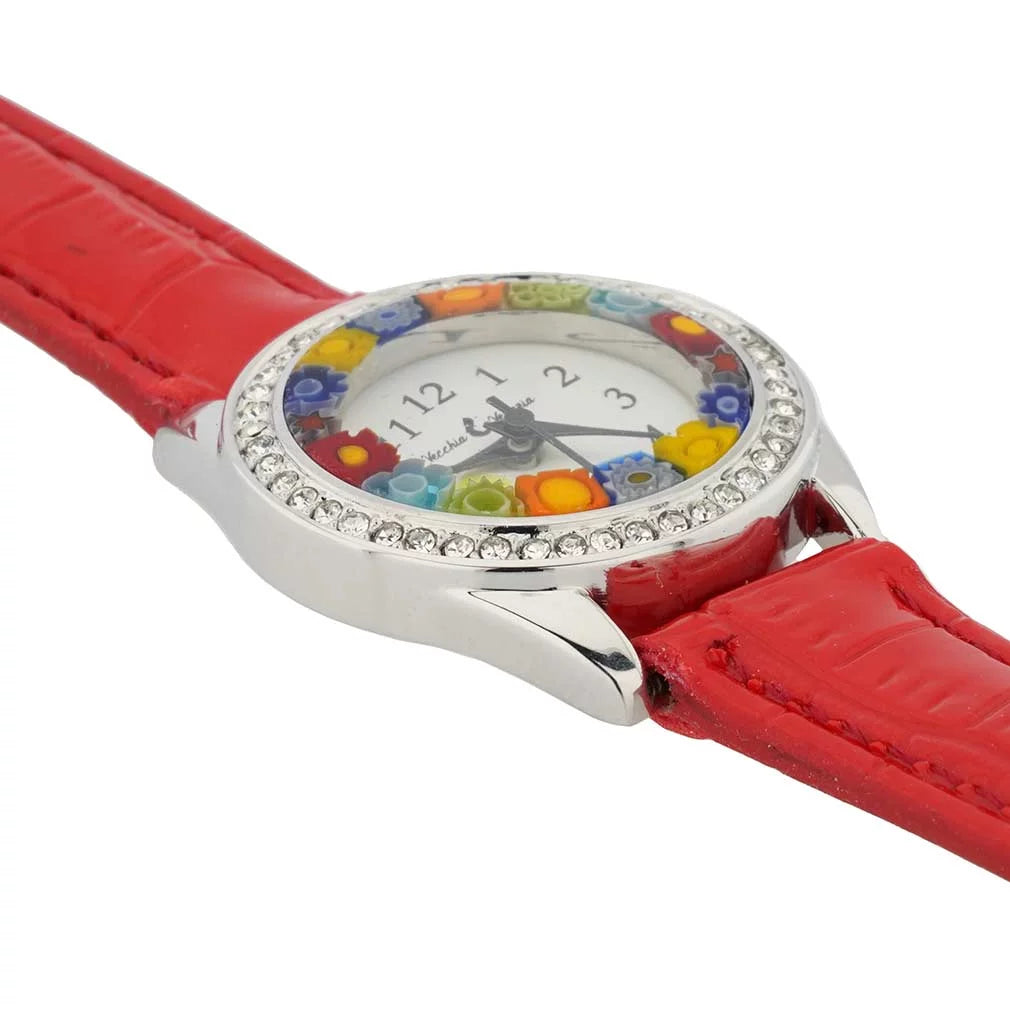 Glassofvenice murano glass watch millefiori and crystals with leather band - red