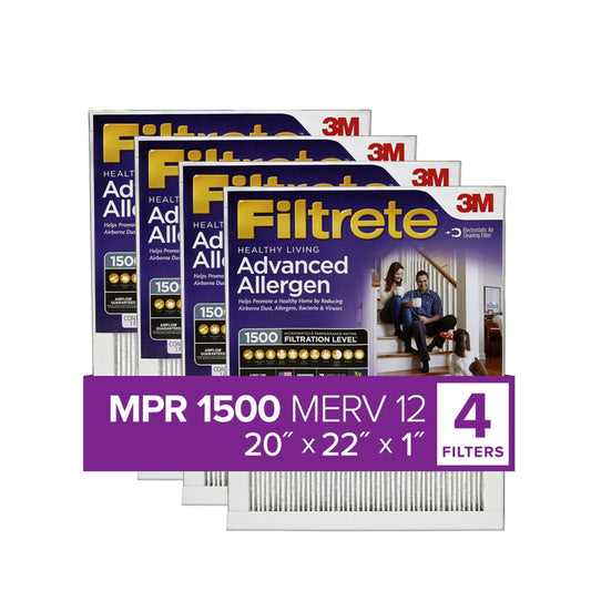 Filtrete by 3m, 20x22x1, merv 12, advanced allergen reduction hvac furnace air filter, captures allergens, bacteria, viruses, 1500 mpr, 4 filters