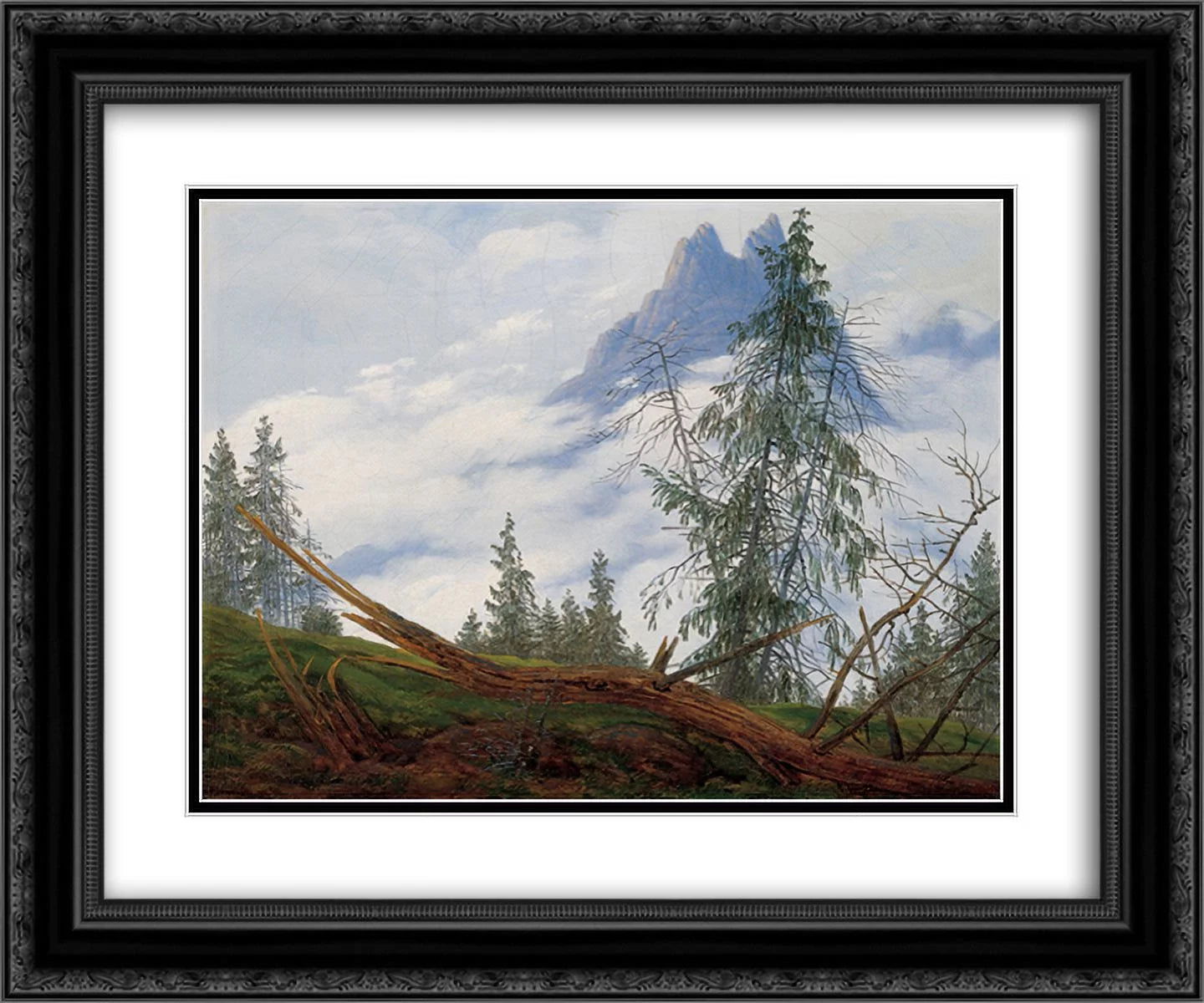 Caspar david friedrich 2x matted 24x20 black ornate framed art print 'mountain peak with drifting clouds'