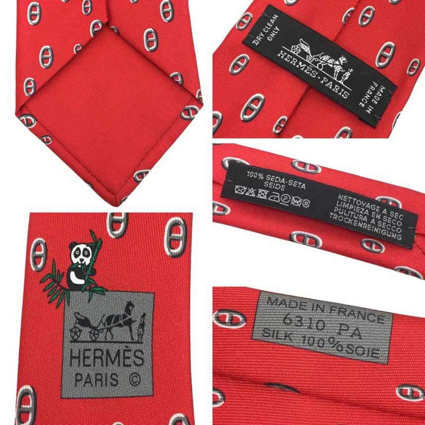 Pre-owned hermes tie chaine d'ancre panda red silk twill men's hermes (like new)