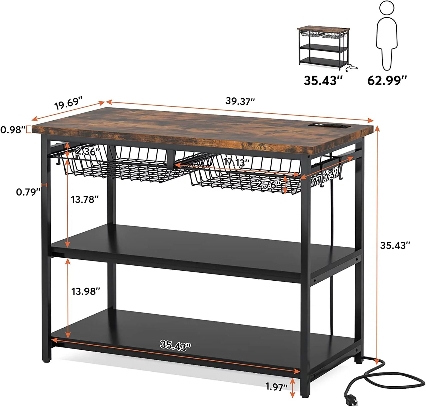 Stckjxx kitchen island with   industrial island table with power outlets and wire baskets  3 tier microwave oven stand butcher block island with large worktop  4 hooks  rustic brown