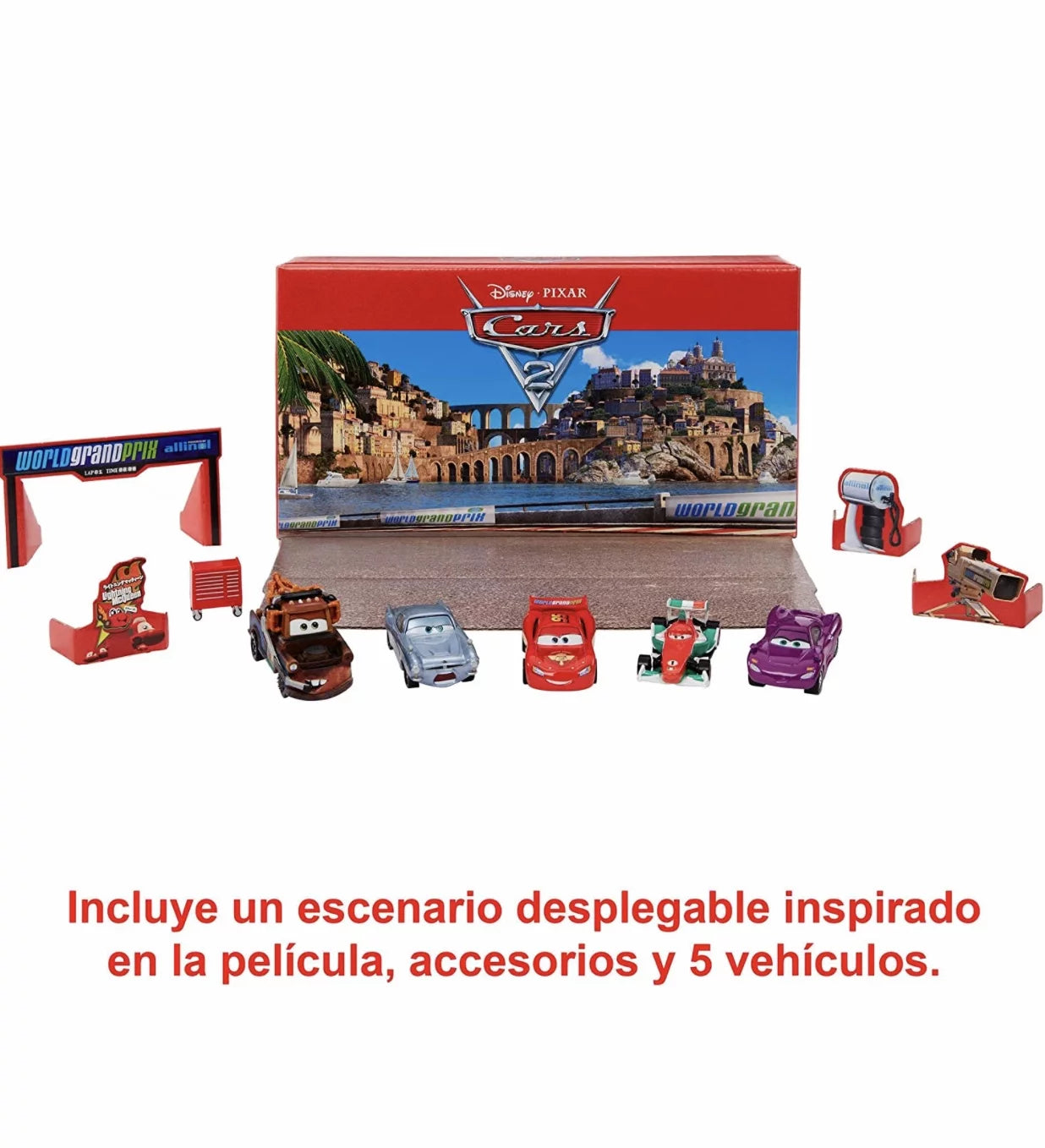 Disney and pixar cars 2 vehicle 5-pack collection, set of 5 collectible character cars & tool cart inspired by the world grand prix from the movie cars 2, gift for kids & fans ages 3 years old & up