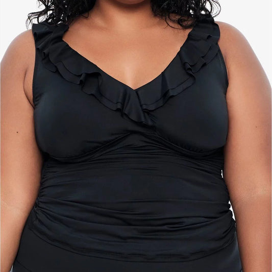 Ralph lauren black plus size tummy-control underwire ruffled tankini top, us 20w