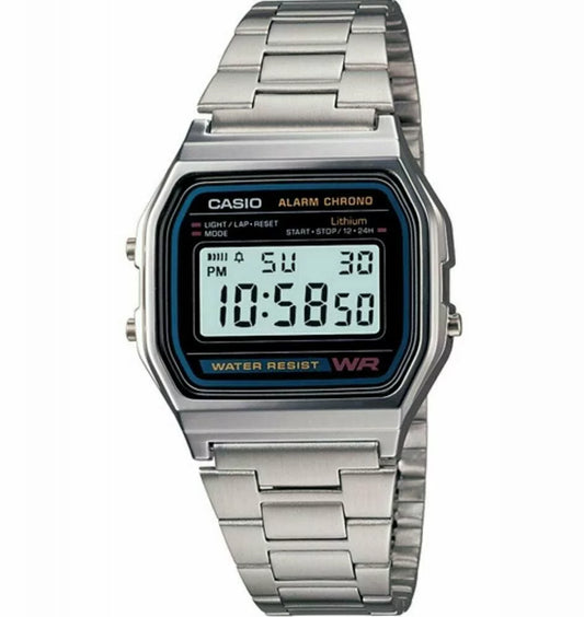 Casio men's classic digital stainless steel bracelet watch, with alarm and stopwatch, and auto calender features, with a adjustable clasp lock, water resistant