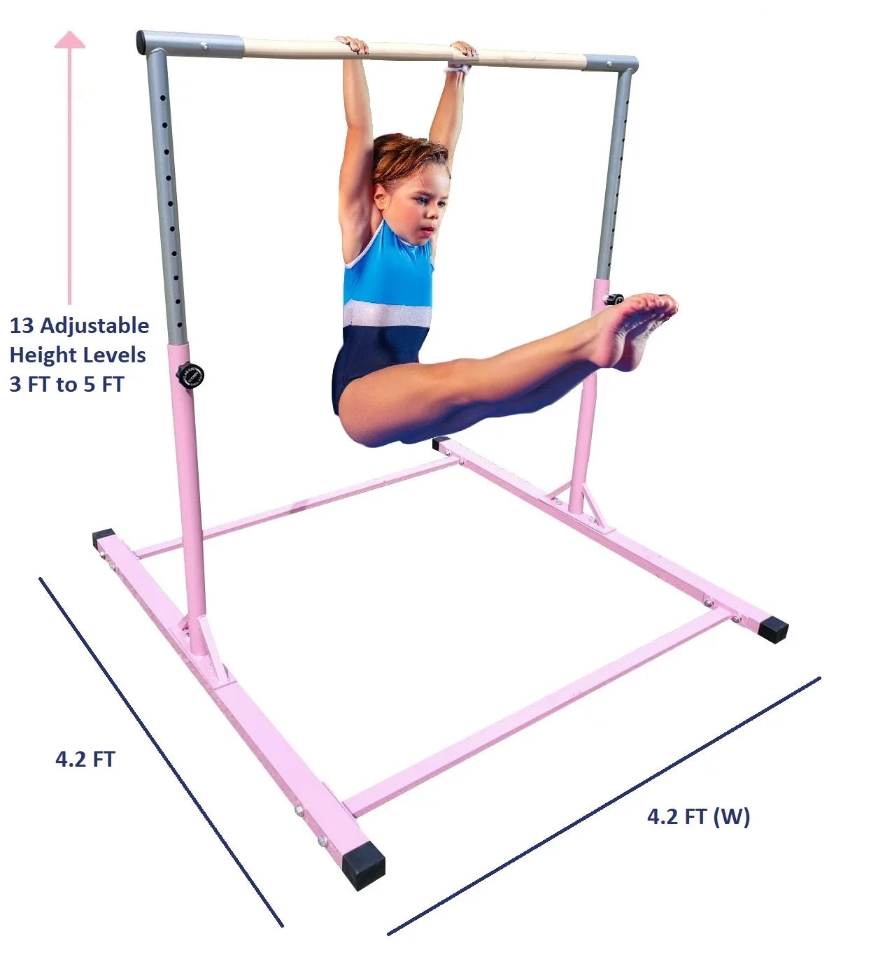 Pro-gymnastics expandable gymnastics kip bar horizontal bar junior gymnastic training high bar asymmetric bar 13 level height adjustable 3 to 5 ft cushioned bar & curved legs (pink)