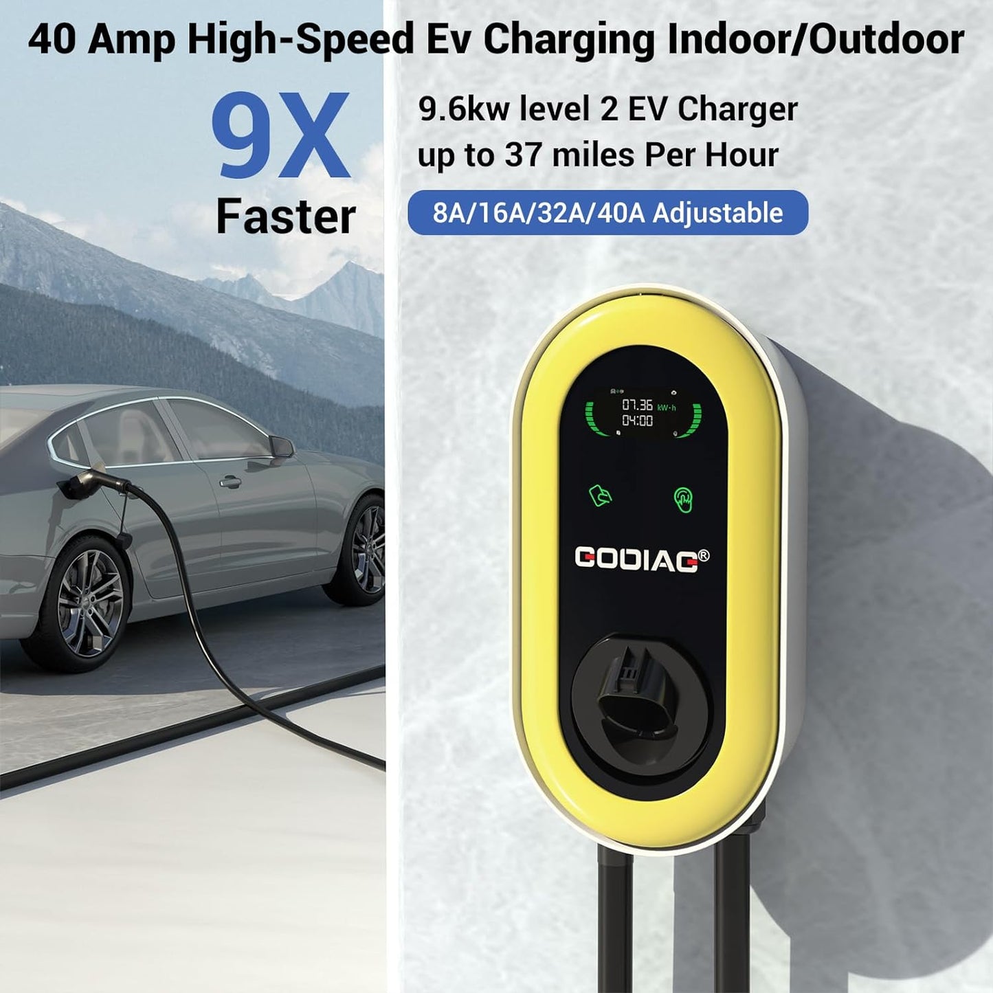 Godiag hardwired level 2 ev charger, 40amp/9.6kw 240v wall-mount indoor outdoor electric car fast home charging station with 25ft cable