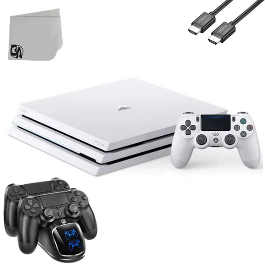 Sony playstation 4 pro 1tb gaming console white with charging dock hdmi cable bolt axtion used