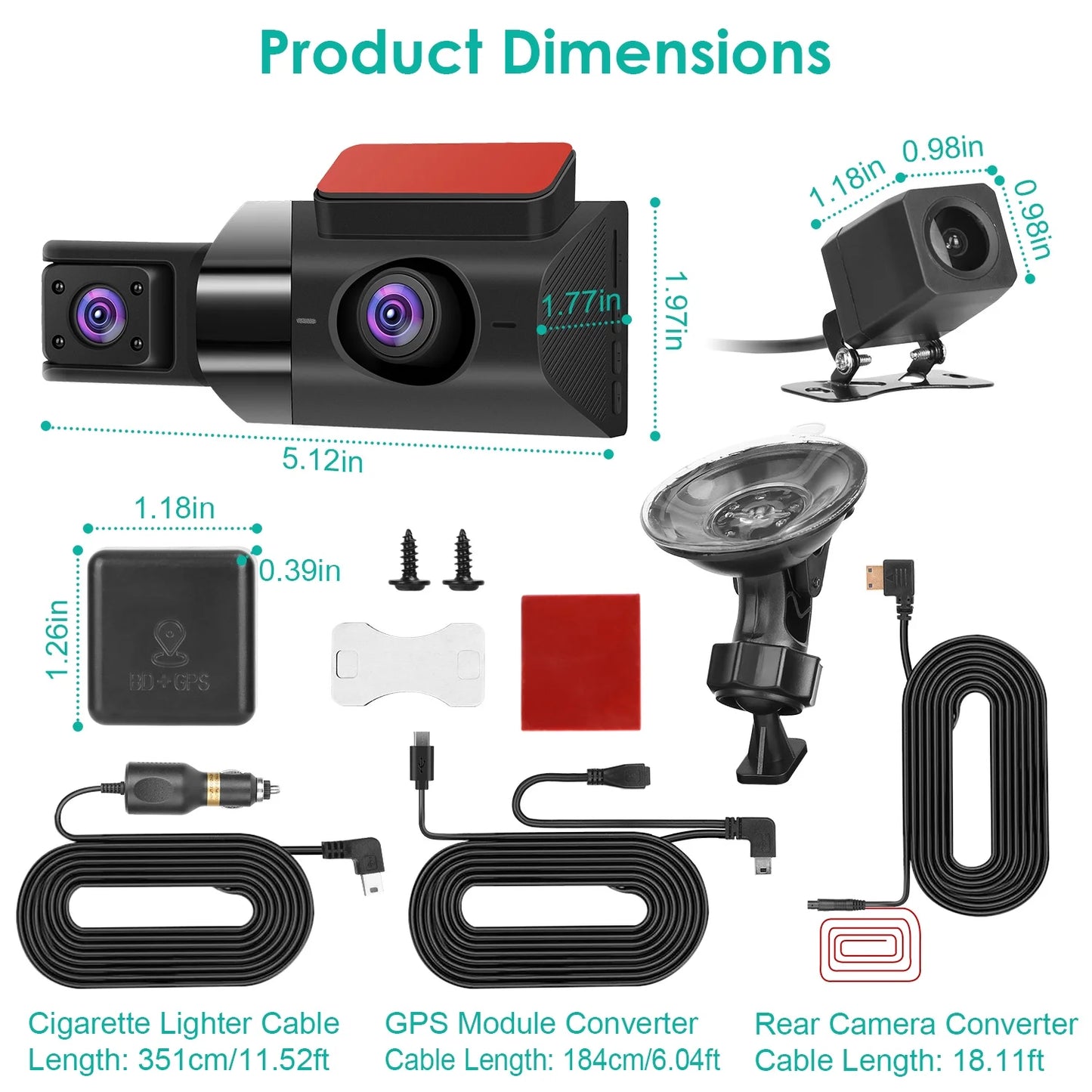 Dash cam front and rear inside with 3 channel, imountek 1080p dash camera for cars, with 140° vew ir night vision, loop recording, g-sensor, parking monitor