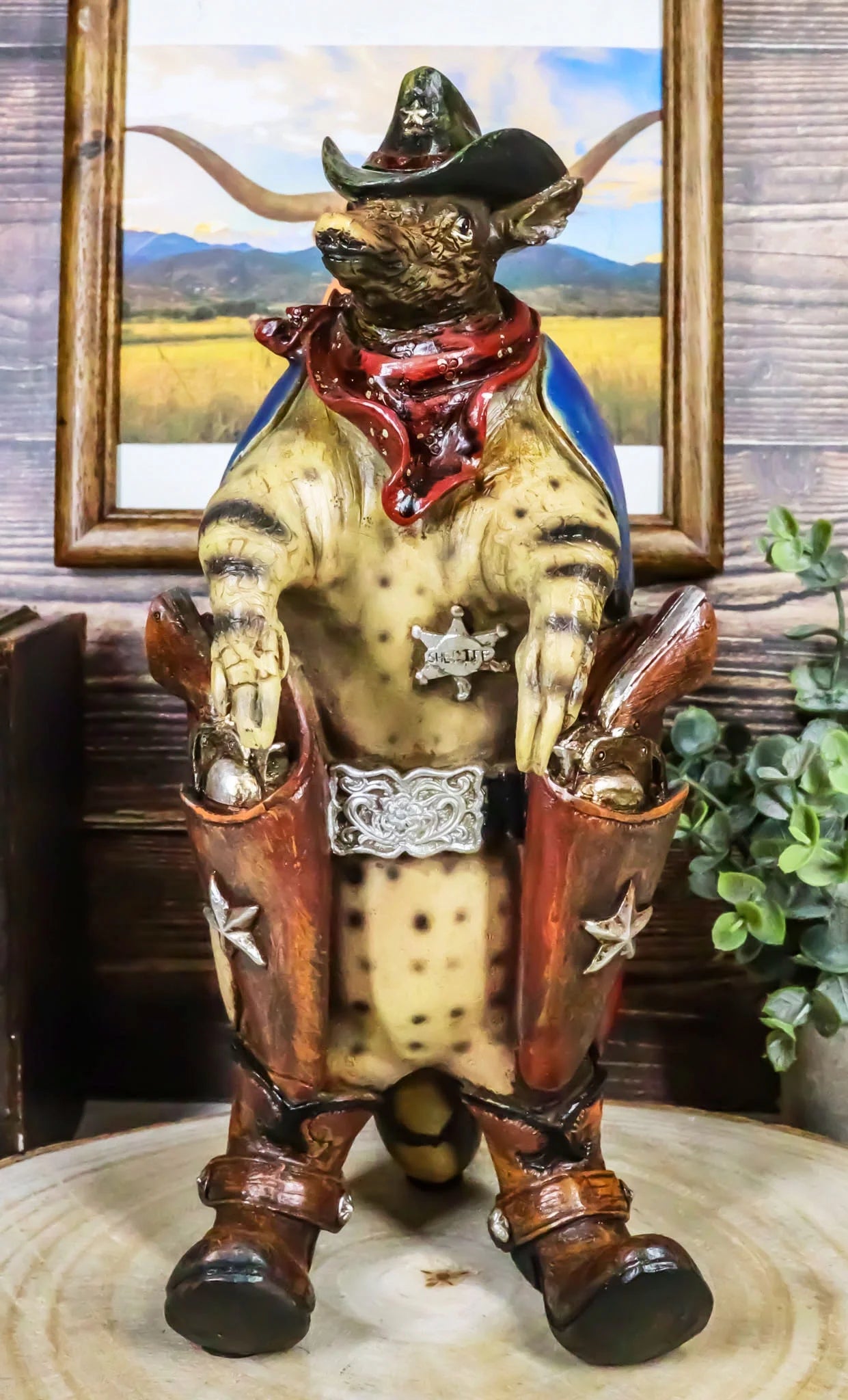 Western rustic texas sherriff cowboy texan armadillo big guns and boots figurine