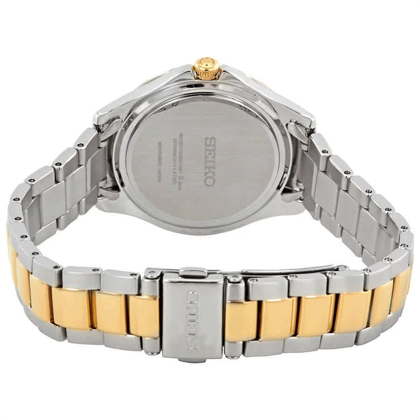 Seiko sut338 solar two tone diamond accent mother of pearl dial women's watch