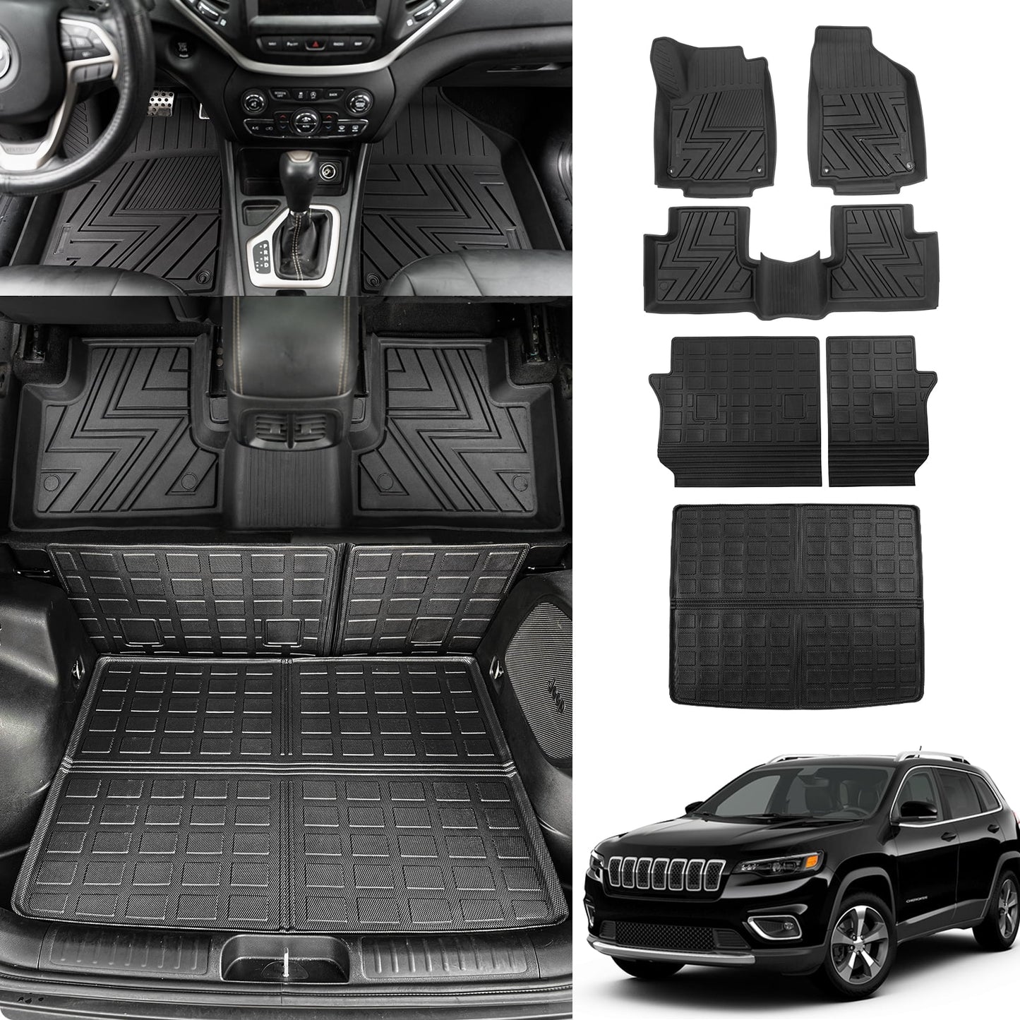 Floor mats compatible with 2019-2023 jeep cherokee cargo liner trunk mat tpe all weather back seat cover protector 2022 cherokee accessories (trunk mat+backrest mats+floor mats)