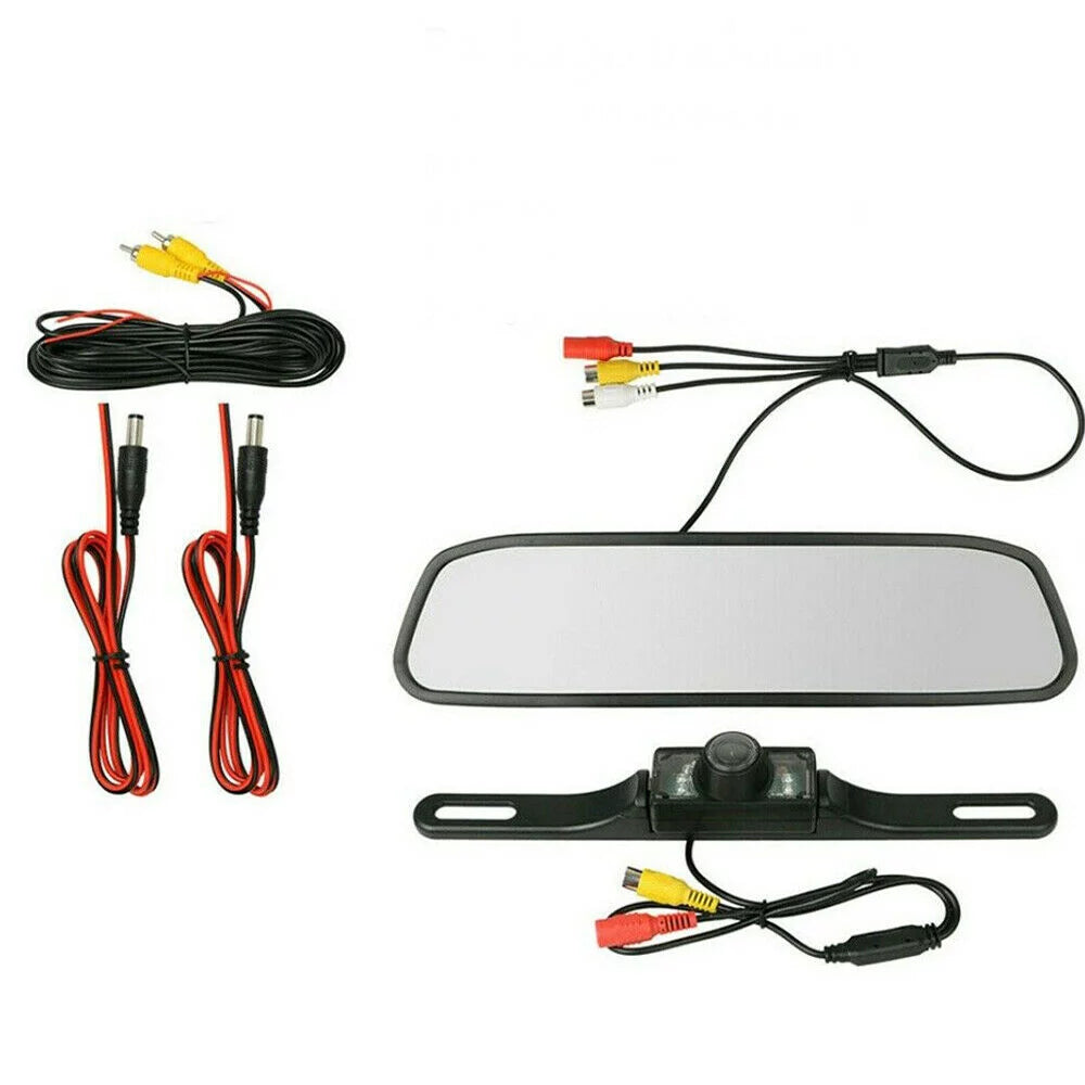 Car backup camera kit 4.3" mirror monitor waterproof license plate vehicle rear view camera with 7 led ir night vision