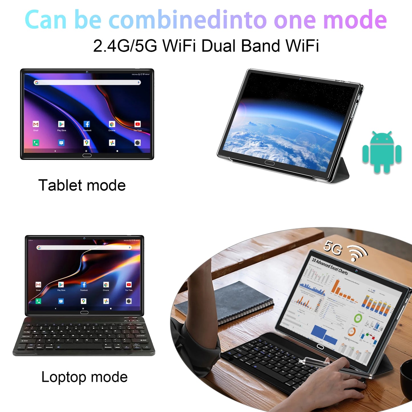 Android 11 10" tablet cellular tablet with keyboard arm octa core 4gb ram 64gb rom wifi bluetooth gps