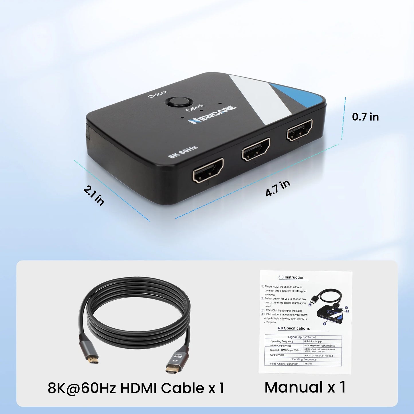 Newcare 8k@60hz hdmi 2.1 switch 3 in 1 out, 4k@120hz hdmi splitter switch box with 2.6 ft hdmi 2.1 cable, 3 port hdmi switcher selector supports hdr dolby atmos 3d for ns ps4/ps5 xoriginal packaging roku fire stick