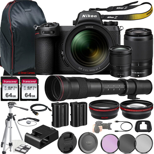 Nikon z7 ii mirrorless camera w/nikkor z 24-70mm f/4 s lens + nikkor z dx 50-250mm f/4.5-6.3 vr lens + 420-800mm f/8.3 hd lens + tripod + 128gb memory + case + filter kit + more (35pc bundle)