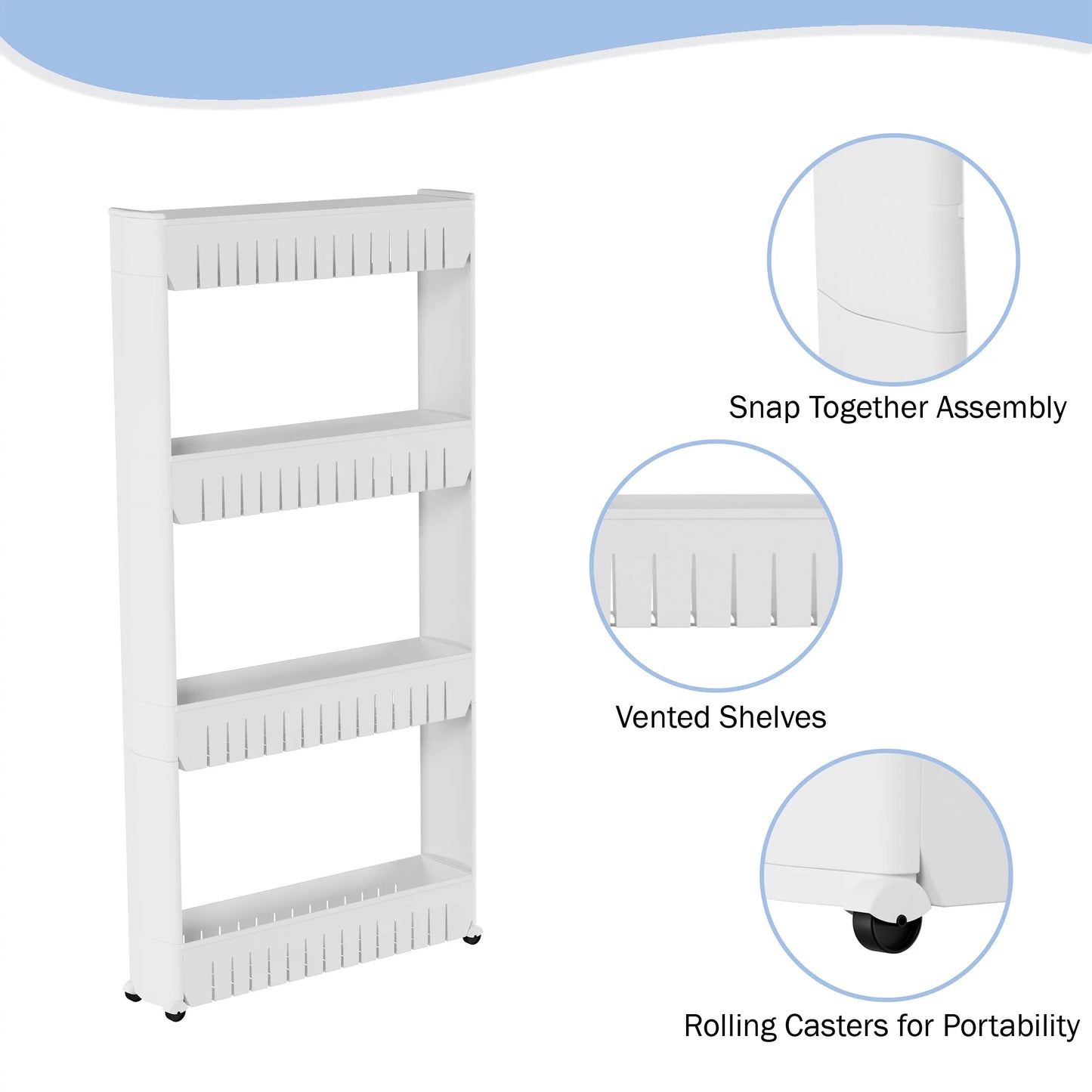 Everyday home mobile plastic shelving unit organizer, 4 storage baskets, slim slide out pantry