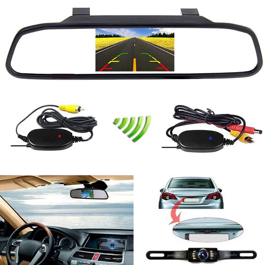 Podofo wireless car backup camera kit 4.3" mirror monitor waterproof license plate vehicle rear view camera with 7 led ir night vision