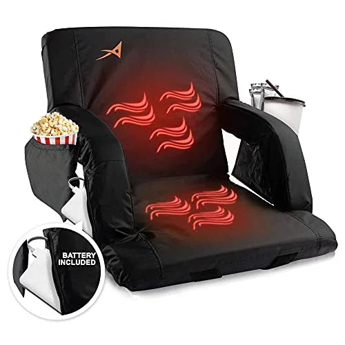 Aceletiqs wide double heated stadium seats for bleachers with back support – usb battery included - upgraded 3 levels of heat - foldable chair - cushioned, 4 pockets, cup holder - camping, games