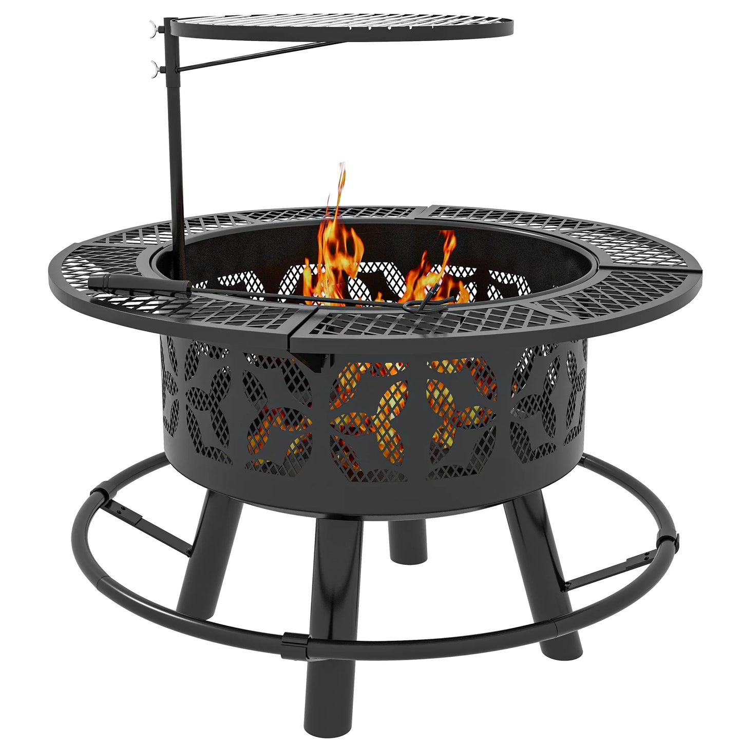 Capri 33" outdoor fire pit bbq grill wood burning firepit with adjustable cooking grate and poker, round, for backyard, patio, picnic, black