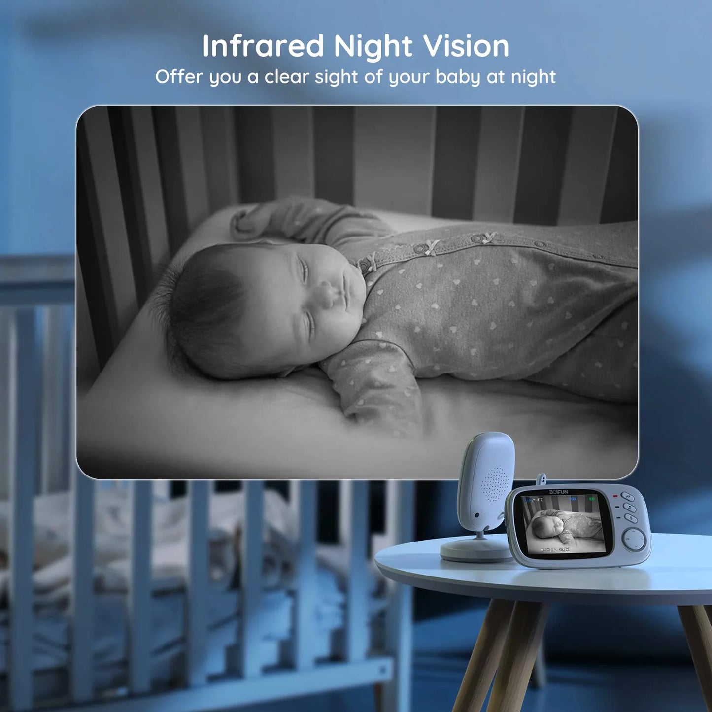 Boifun baby monitor with camera and audio, no wifi, vox mode, night vision, 3.2'' hd screen, two-way audio, baby camera