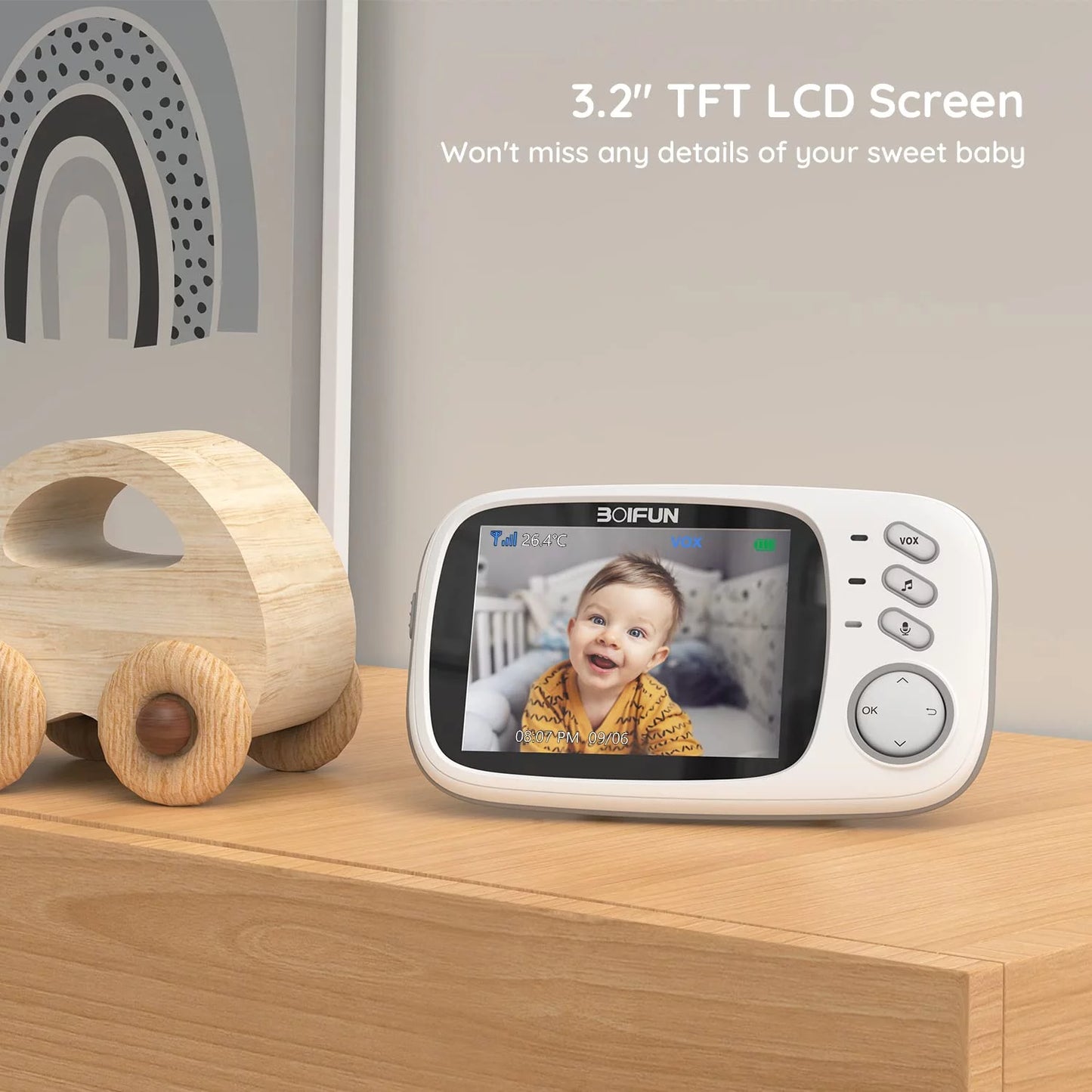 Boifun baby monitor with camera and audio, no wifi, vox mode, night vision, 3.2'' hd screen, two-way audio, baby camera