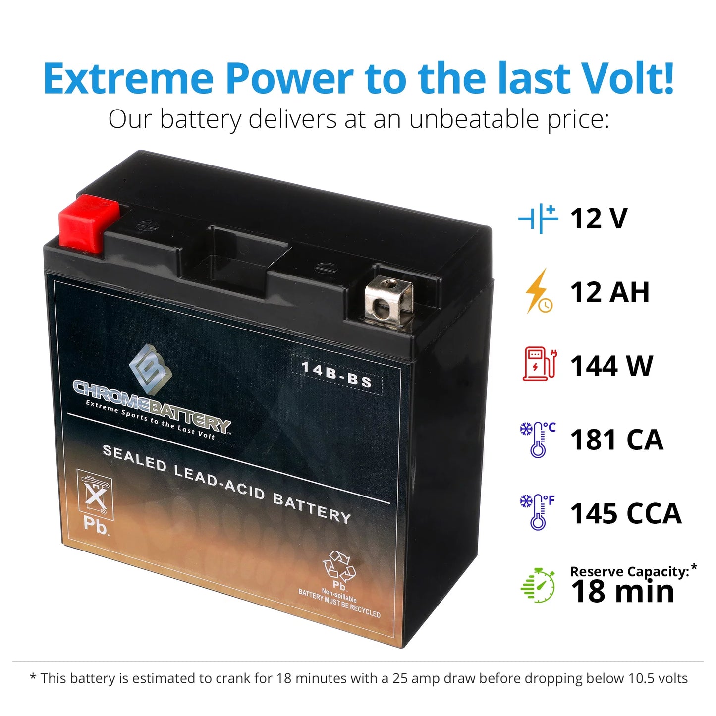 Chrome battery yt14b-bs (14b-bs 12 volts,12 ah, 135 cca) high performace power sports battery