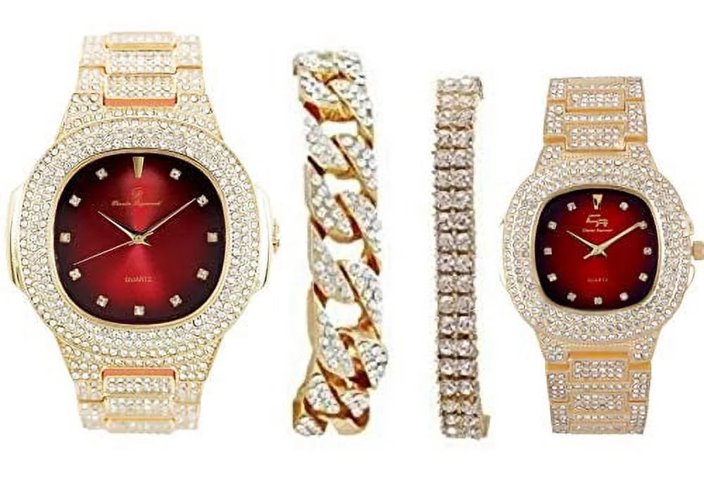 Bling'ed out king and queen hip hop watch set perfect for power couples to flaunt on and off the dance floor - st10325/st10364 his&hers (gld blood red)