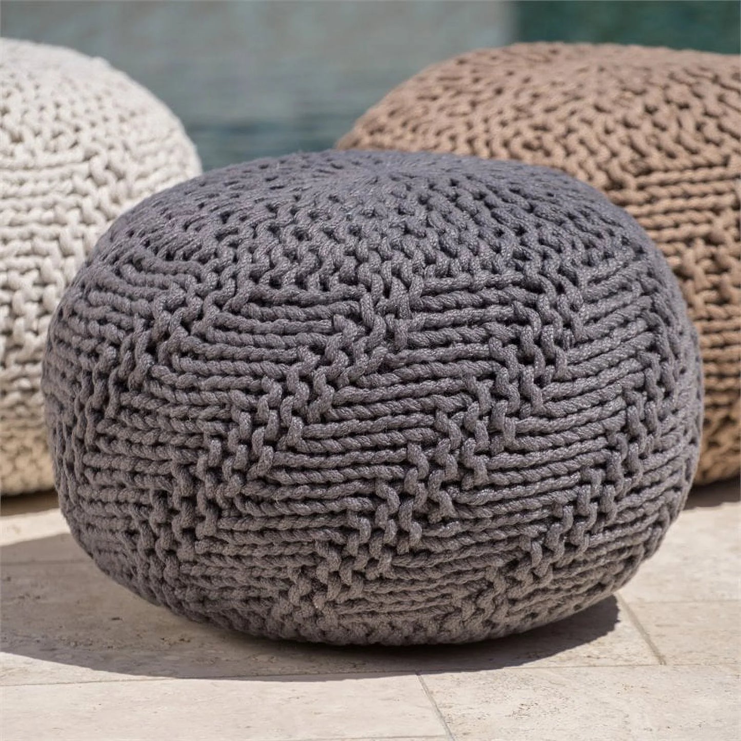 Noble house aria handcrafted modern fabric outdoor weave pouf in dark gray