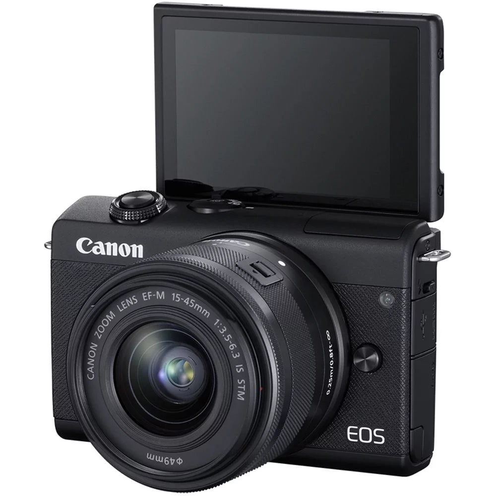 Restored canon eos m200 mirrorless digital camera with 15-45mm lens (black) (3699c009) + 64gb memory card + case + card reader + flex tripod + hand strap + cap keeper + memory wallet + cleaning kit (refurbished)