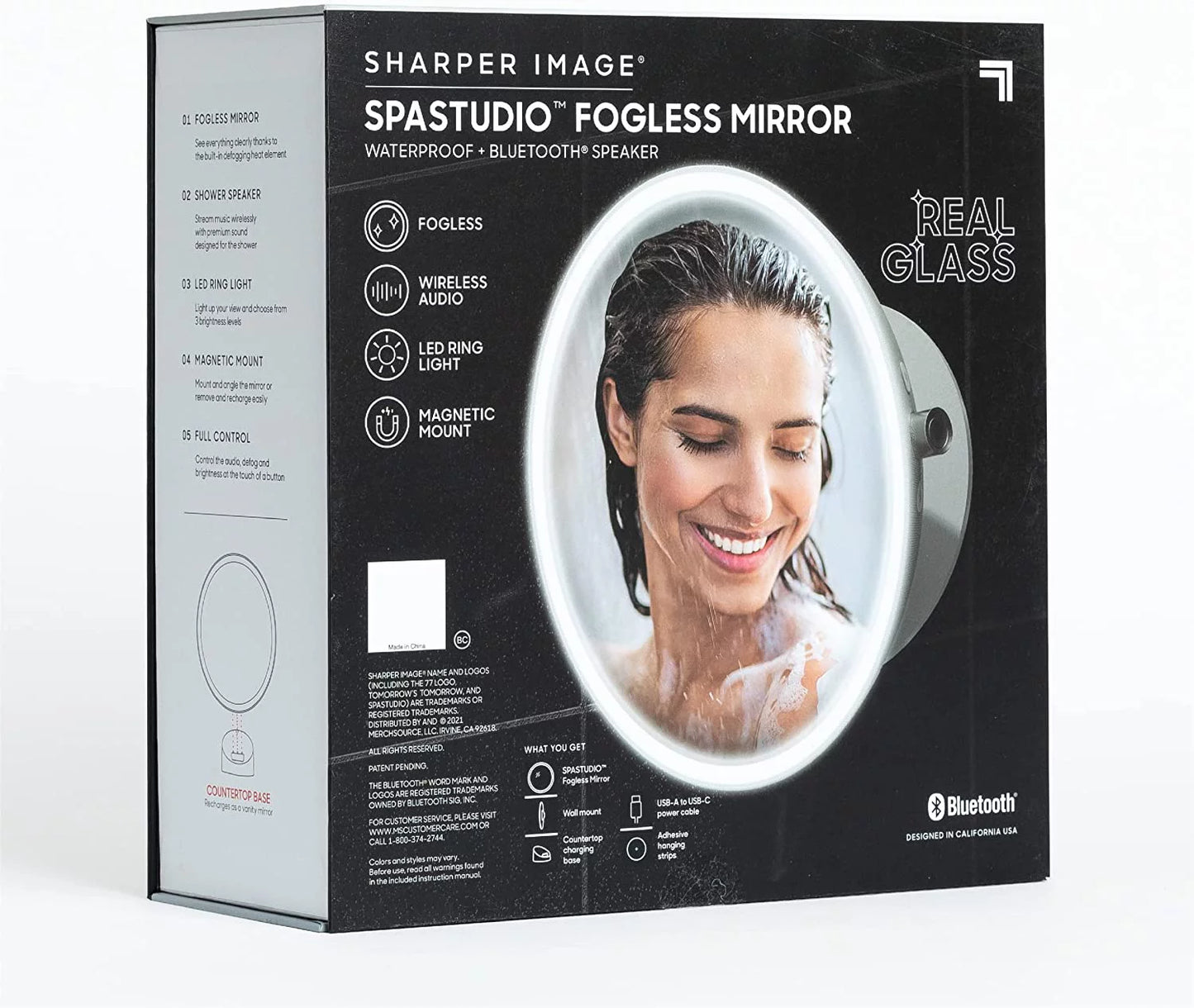 Sharper image led fogless shower mirror and bluetooth speaker